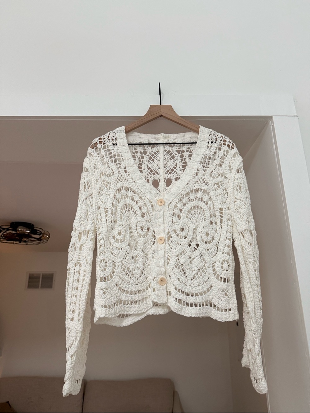Crochet Openwork Button-Front Cardigan Sweater